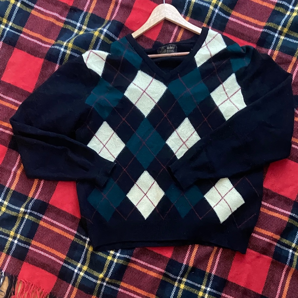 Men's Argyle Wool Sweater - Navy and Cream